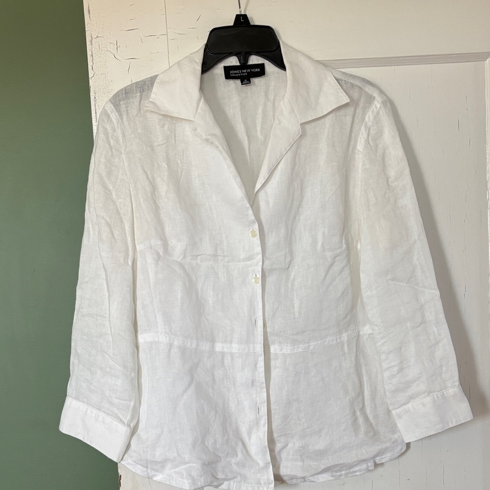Jones New York 100% Linen White Button-Down Shirt
